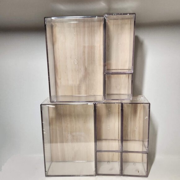 NEW Drawer Desktop Organizer 8 Piece Set Acrylic Clear with Wooden Lids Office - Picture 3 of 14